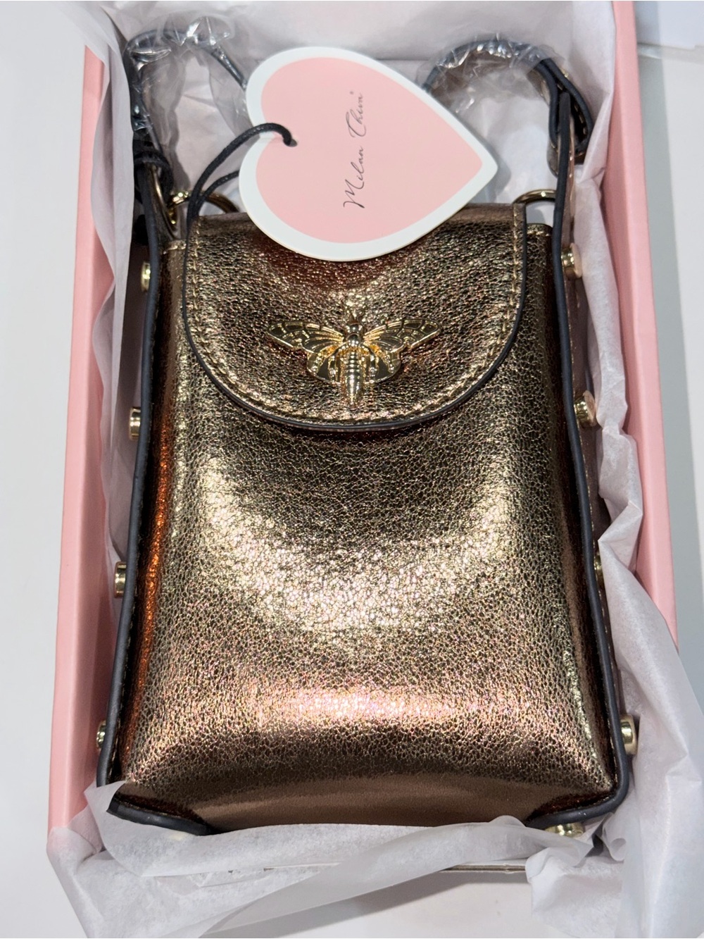Milan Chiva Crossbody Bee Cell Phone Purse, metallic bronze faux leather finish - Picture 9 of 10